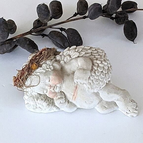 Handmade Sleeping Angel Unglazed Clay With Dried Flower Halo - Picture 1 of 12